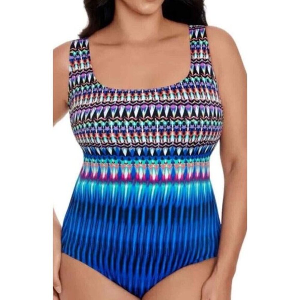 Swim Solutions Size 8 Printed One-Piece Swimsuit Blue Sparkle Strappy Back NWT